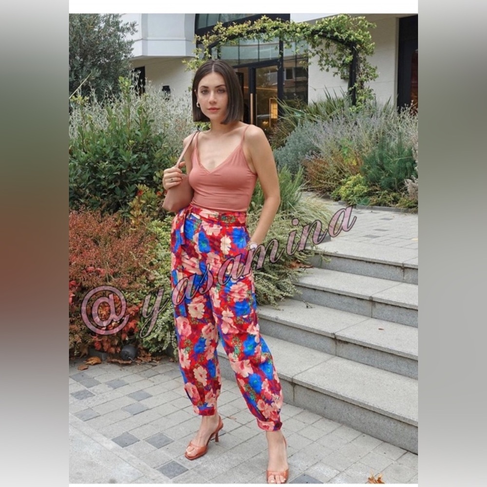 Zara Floral Tie-Waist Joggers in Red, Blue & Pink